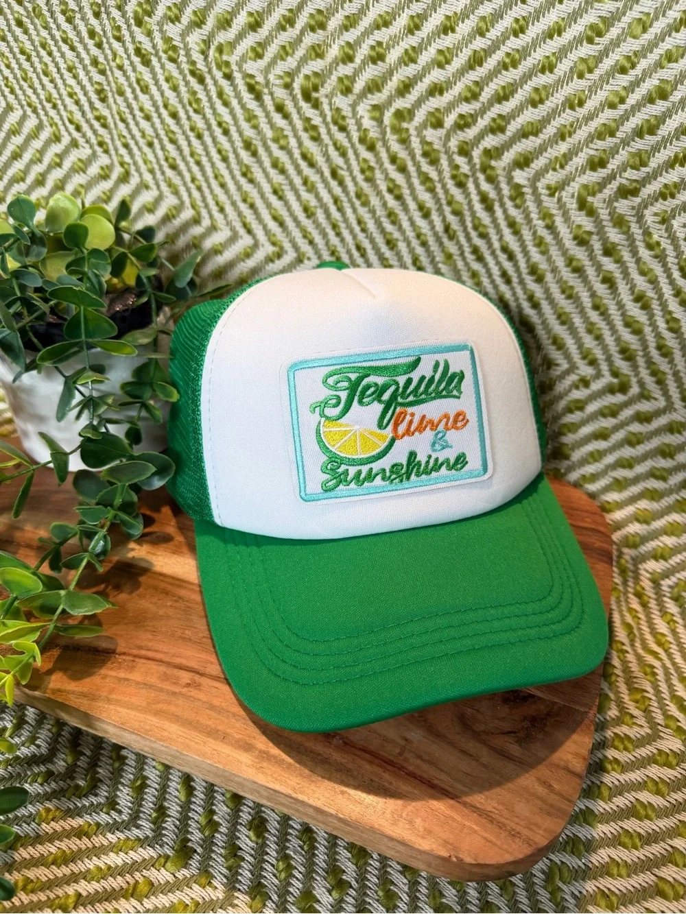 Green & White Trucker Hat with Tequila Lime Sunshine Patch